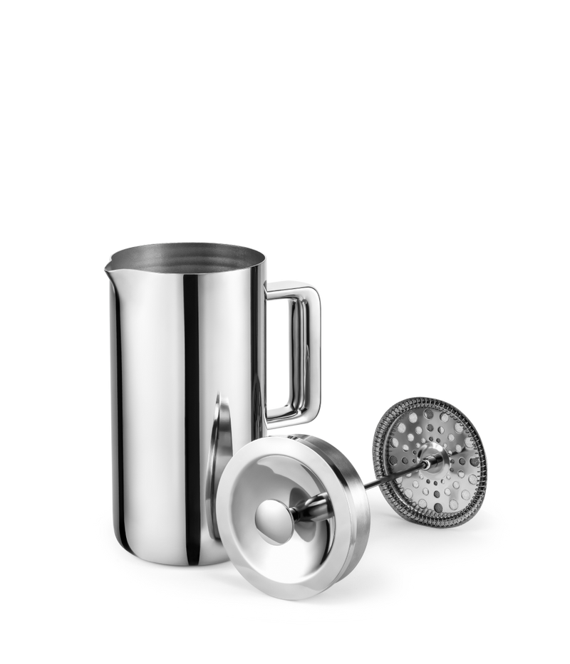 Aarke French Press in stainless steel disassembled with lid, plunger, and body visible.