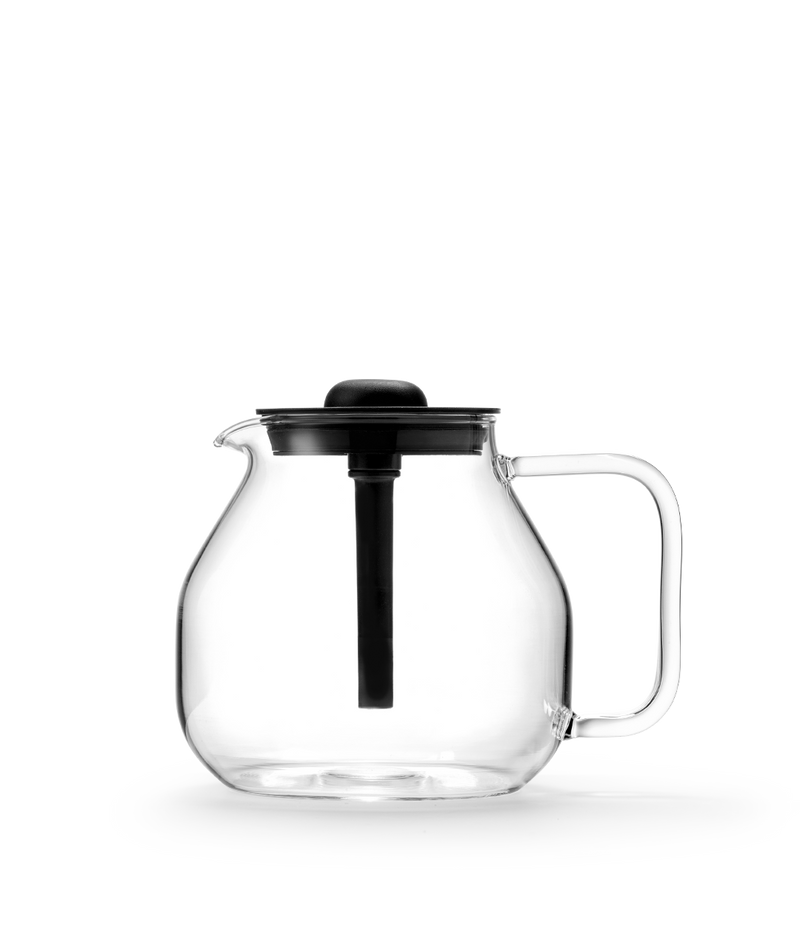 Front view of glass coffee carafe with handle and plastic lid, compatible with Aarke Coffee Maker.