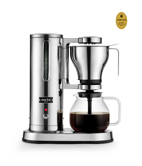 Front view of the Aarke Coffee Maker in stainless steel.