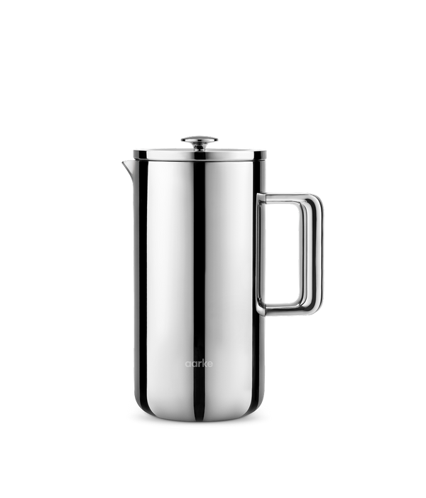 Front view of the stainless steel Aarke French Press with lid closed and sleek handle.