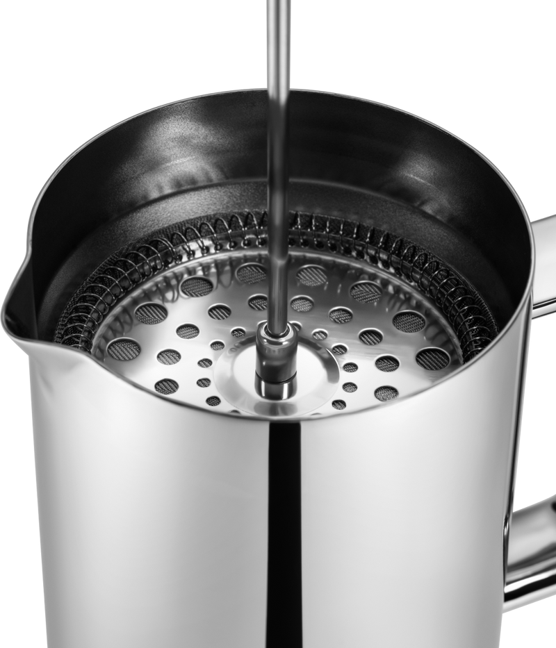 Close-up of the stainless steel Aarke French Press filter and plunger inside the carafe.