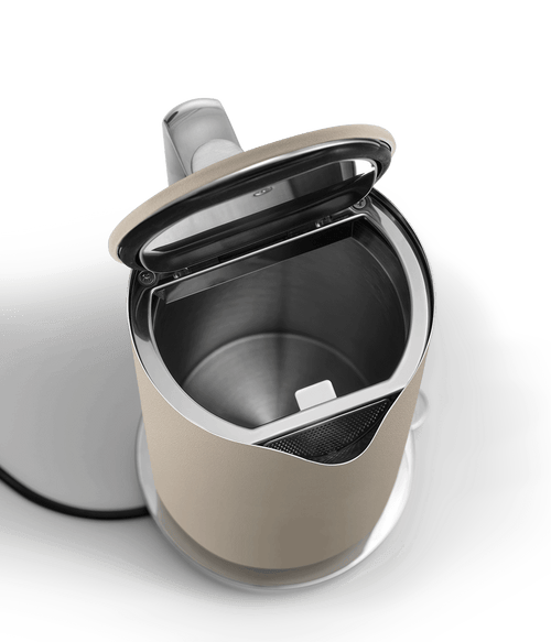 AARKE Kettle Sand electric kettle with lid open, showing stainless steel interior and integrated spout filter.