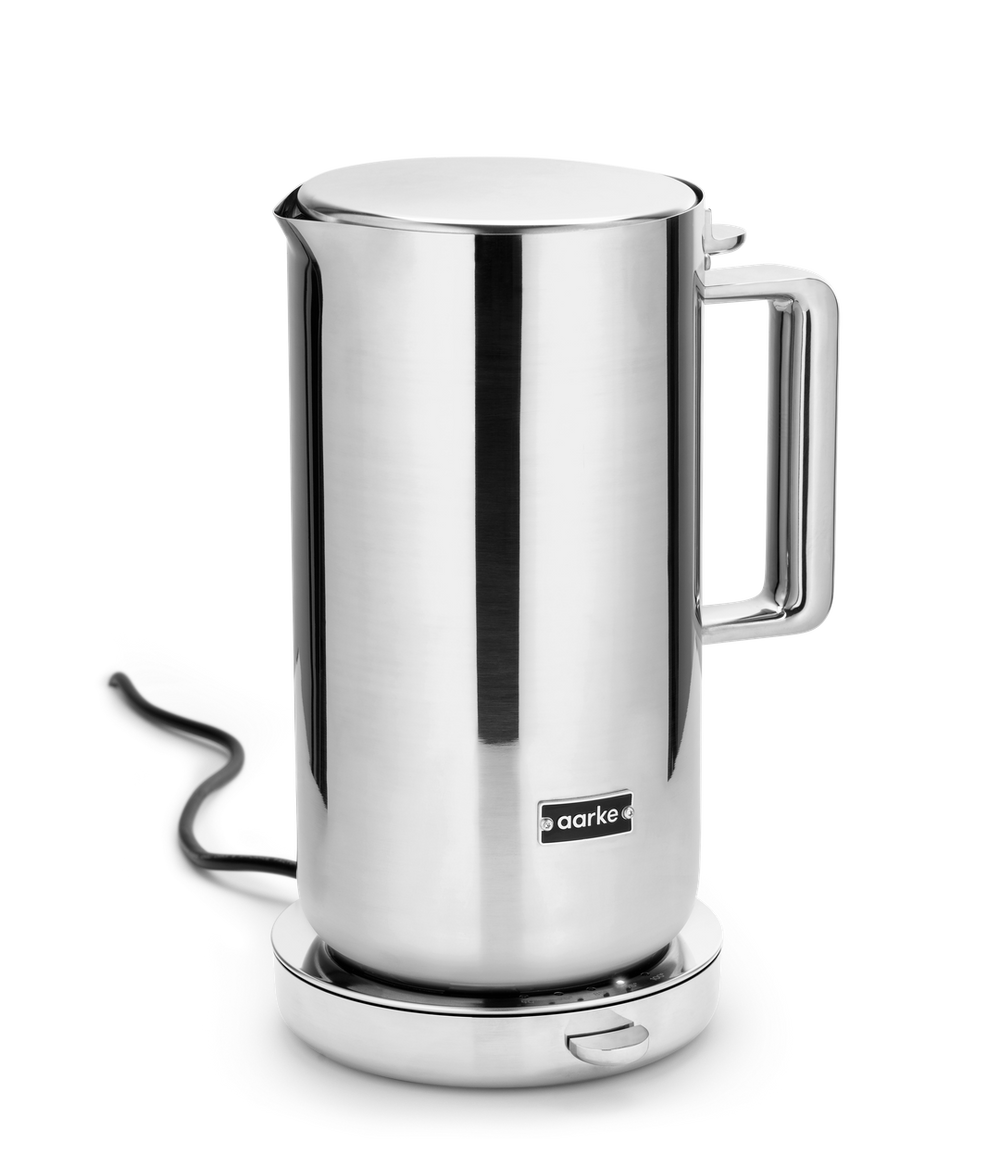 Stainless steel kettle with a visible brand logo on a white background