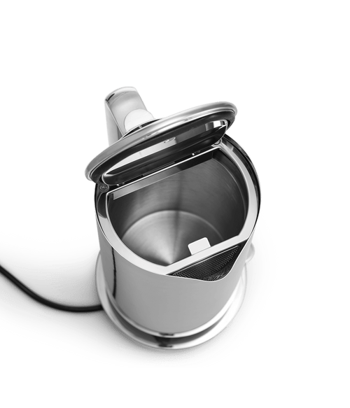 Top view inside the Aarke Kettle, showing the stainless steel interior and integrated spout filter.