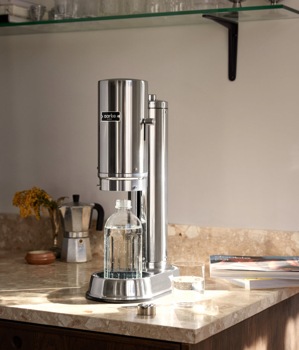 Aarke Carbonator Pro Steel sparkling water maker in the kitchen