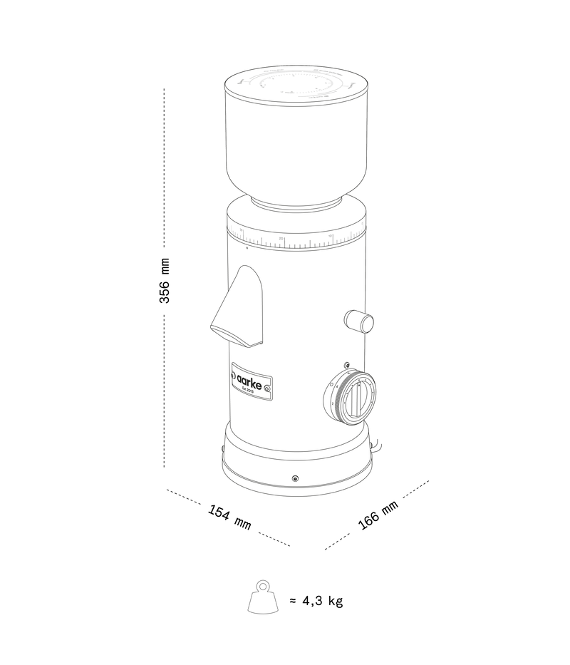 Illustration of the Aarke Coffee Grinder with dimensions and weight.