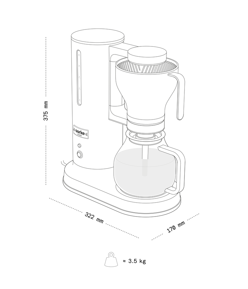 Illustration of the Aarke coffee maker with dimensions and weight.