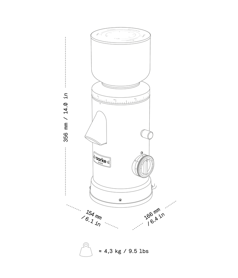 Illustration of the Aarke Coffee Grinder with dimensions and weight.