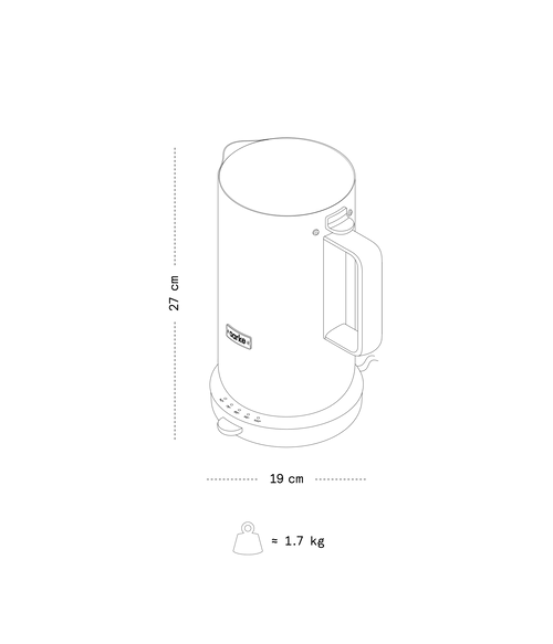 Aarke electric kettle size guide in centimeters, showing a premium stainless steel Aarke kettle with 27 cm height, 19 cm width, and 1.7 kg weight – minimalist Scandinavian kitchen design.