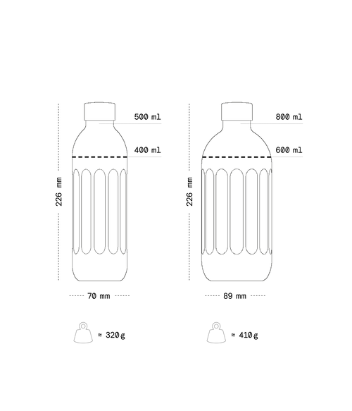 Technical drawing of two water bottles with dimensions and weight labels.