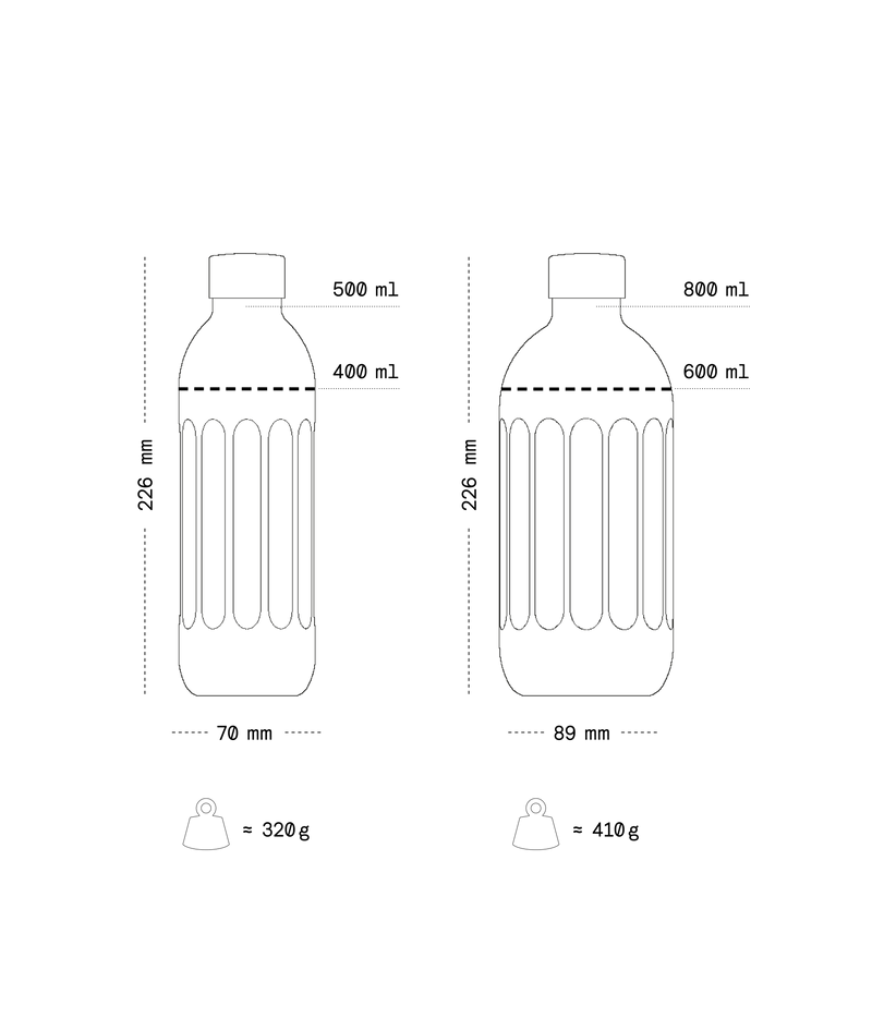 Technical drawing of two water bottles with dimensions and weight labels.