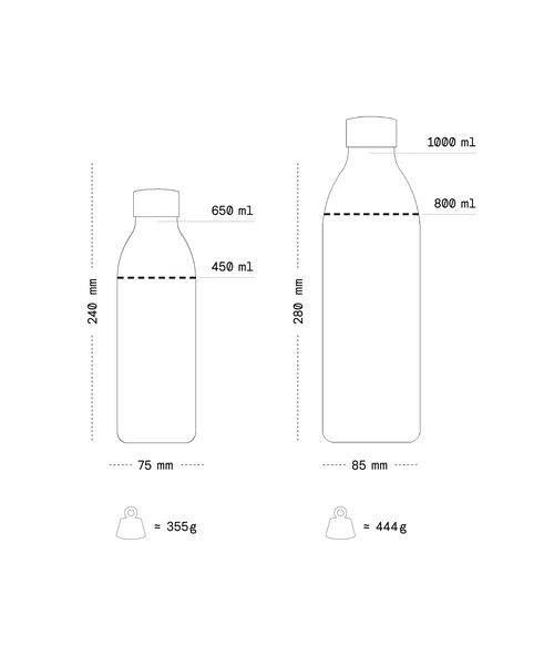 Technical drawing of two bottles with measurements and weights on a white background