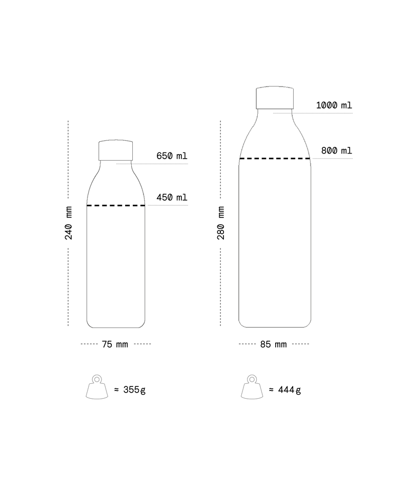 Technical drawing of two bottles with measurements and weights on a white background