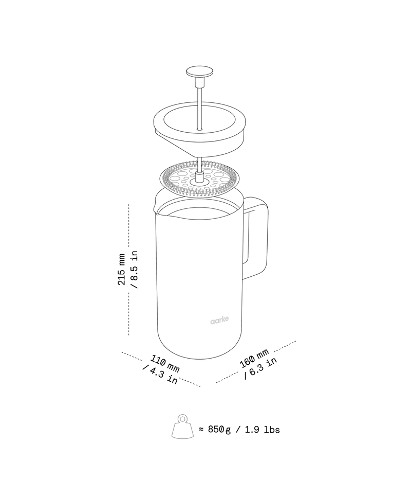 Illustration of the Aarke French Press with dimensions and weight.