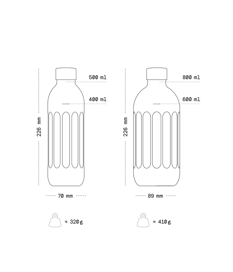 Illustration of the Aarke To-Go Bottle for Carbonator Pro with dimensions and weight.