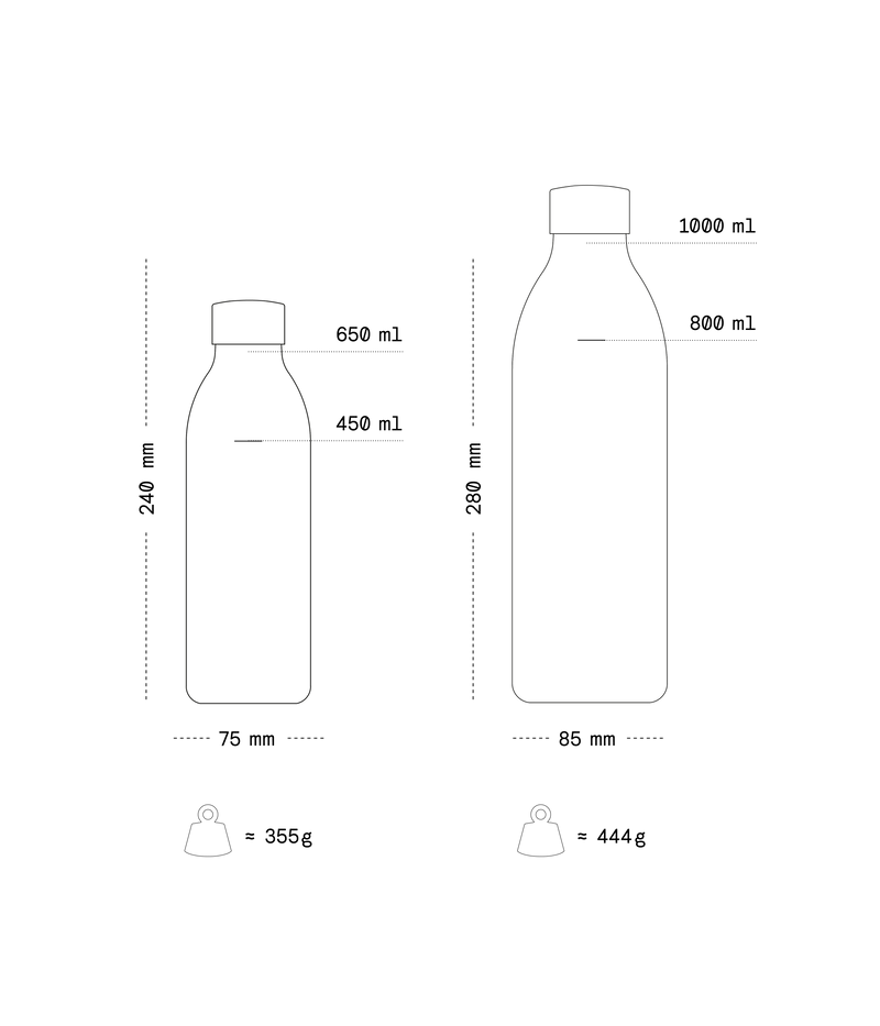 Illustration of the Aarke To-Go Bottle for Carbonator 3 with dimensions and weight.