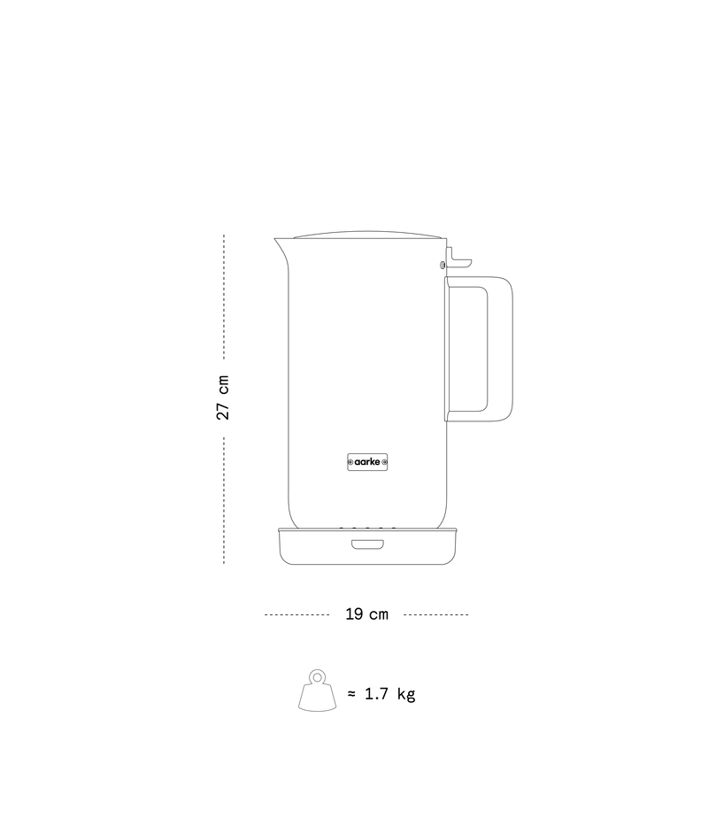 Illustration of the Aarke Kettle with dimensions and weight.