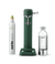 Aarke Carbonator 3 Heritage Green, a SodaStream sparkling water maker standing next to an Aarke BPA-free PET water bottle with a stainless steel cap and a CO2 gas cylinder made of 100% renewable CO2.