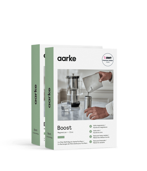 Three Aarke Boost Filter Granules refill packs for Aarke Water Purifier, for softer, magnesium- and zinc-mineralized water.