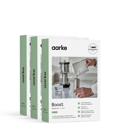 Three Aarke Boost Filter Granules refill packs for Aarke Water Purifier, for softer, magnesium- and zinc-mineralized water.