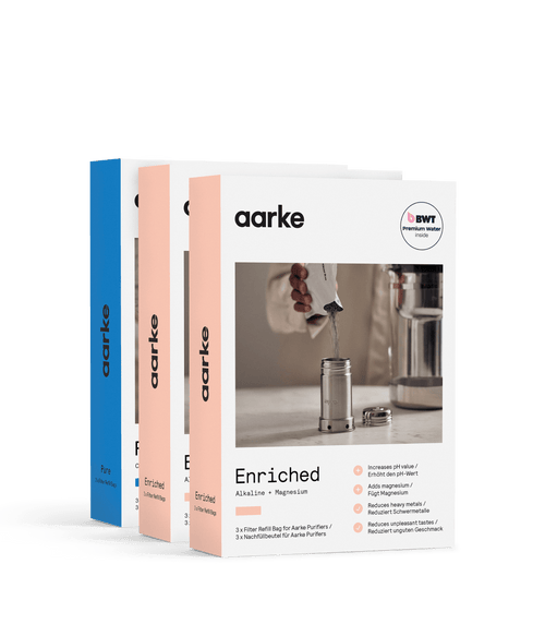 Aarke Enriched and Pure Filter Granules refill packs for Aarke Water Purifier, for alkaline, magnesium-mineralised and softer, cleaner water.