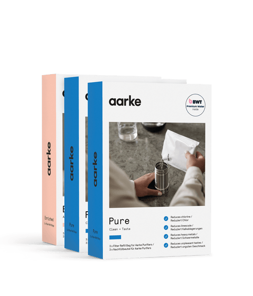 Aarke Pure and Enriched Filter Granules refill packs for Aarke Water Purifier, for softer, cleaner and alkaline, magnesium-mineralised water.