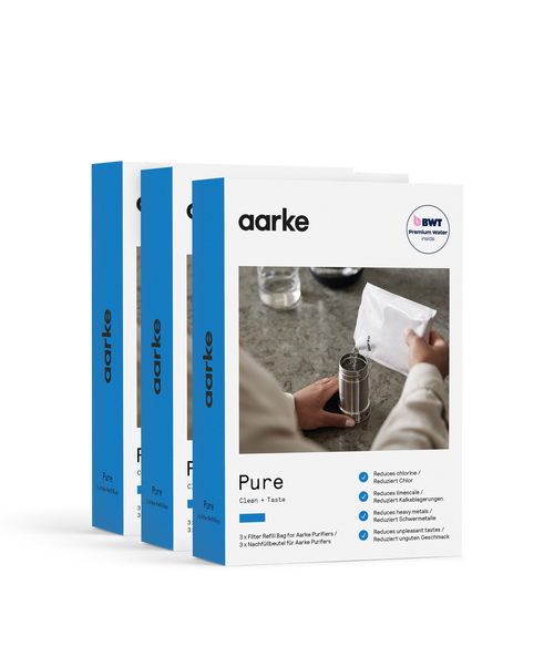 Three Aarke Pure Filter Granules refill packs for Aarke Water Purifier, for softer, cleaner and better-tasting water.
