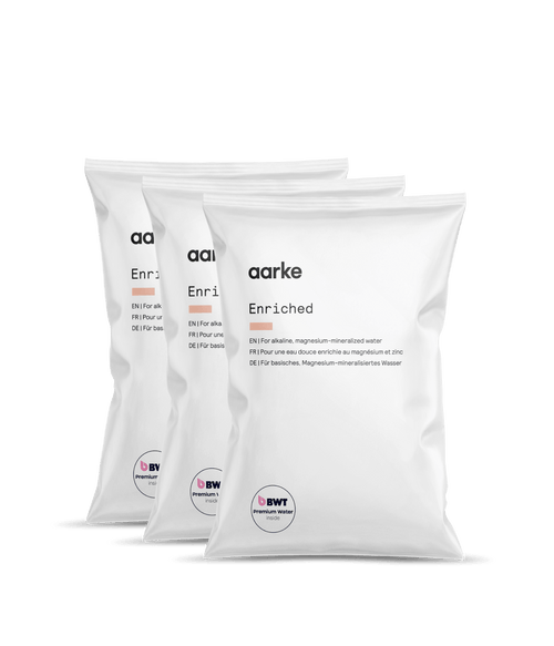 Three Aarke Enriched Filter Granules refill packs for Aarke Water Purifier, for alkaline, magnesium-mineralised water.
