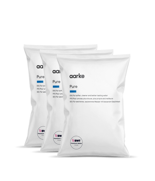 Three Aarke Pure Filter Granules refill bags for Aarke Water Purifier, for softer, cleaner and better-tasting water