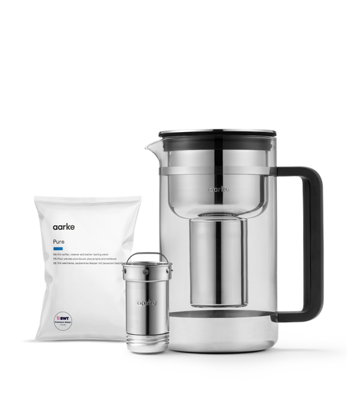 Aarke Water Purifier Large with Pure Filter Granules refill bag for softer, cleaner and better-tasting water.