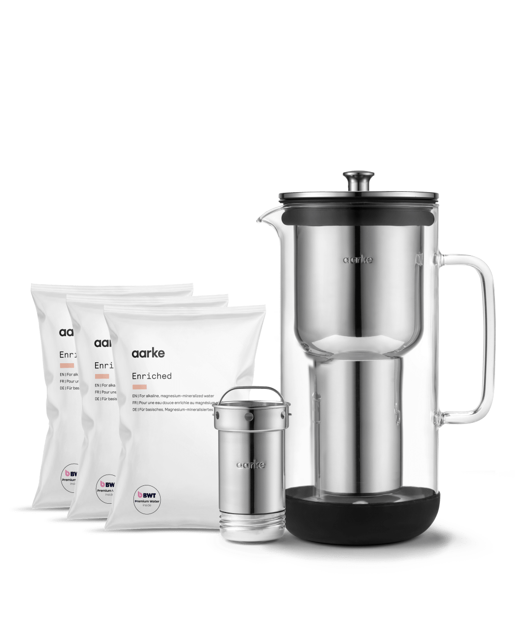 Aarke Water Purifier with three Enriched Filter Granules refill bags for alkaline, magnesium-mineralised water.