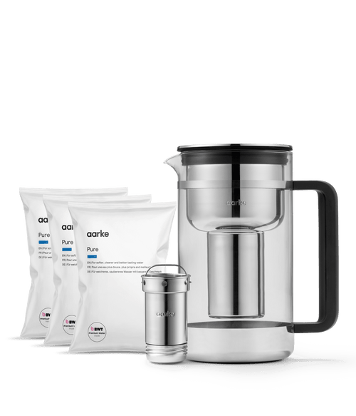 Aarke Water Purifier with three Pure Filter Granules refill bags for softer, cleaner and better-tasting water