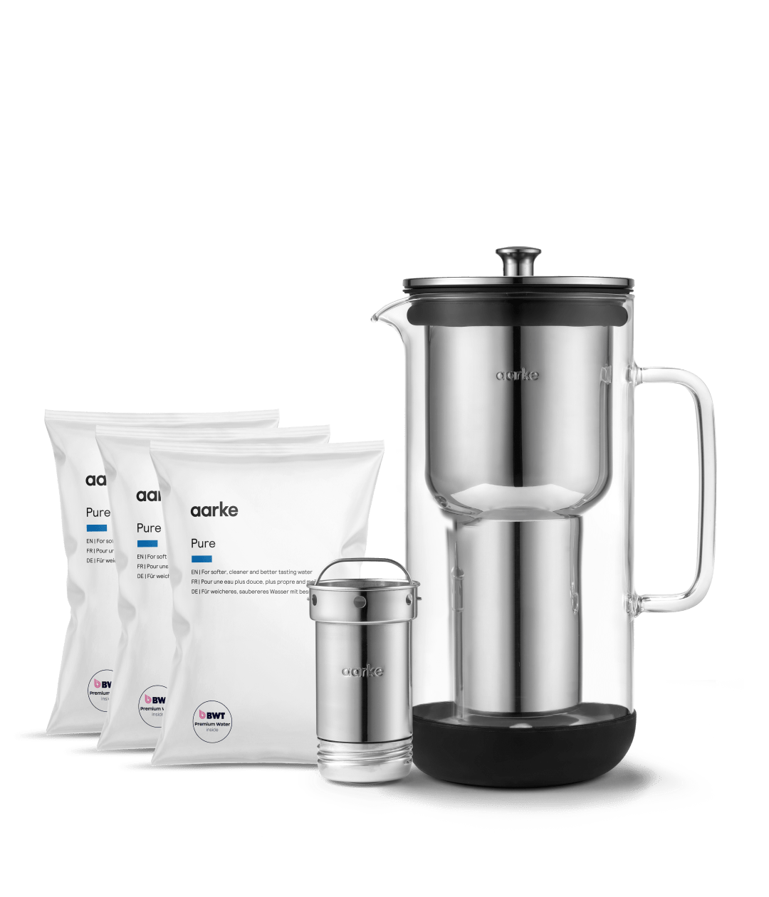 Aarke Water Purifier with three Pure Filter Granules refill bags for softer, cleaner and better-tasting water.