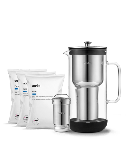 Aarke Water Purifier with three Pure Filter Granules refill bags for softer, cleaner and better-tasting water.
